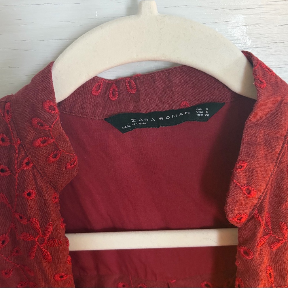 Zara Red Embroidered Button Down - Picture 7 of 8
